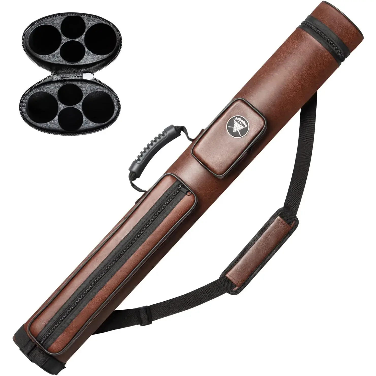 2x2 Hard Pool Cue Case, Synthetic Leather Billiards Stick Carrier with a Comfortable Handle, Soft Shoulder Strap, and Storage Pocket, Cues, Enough Storage