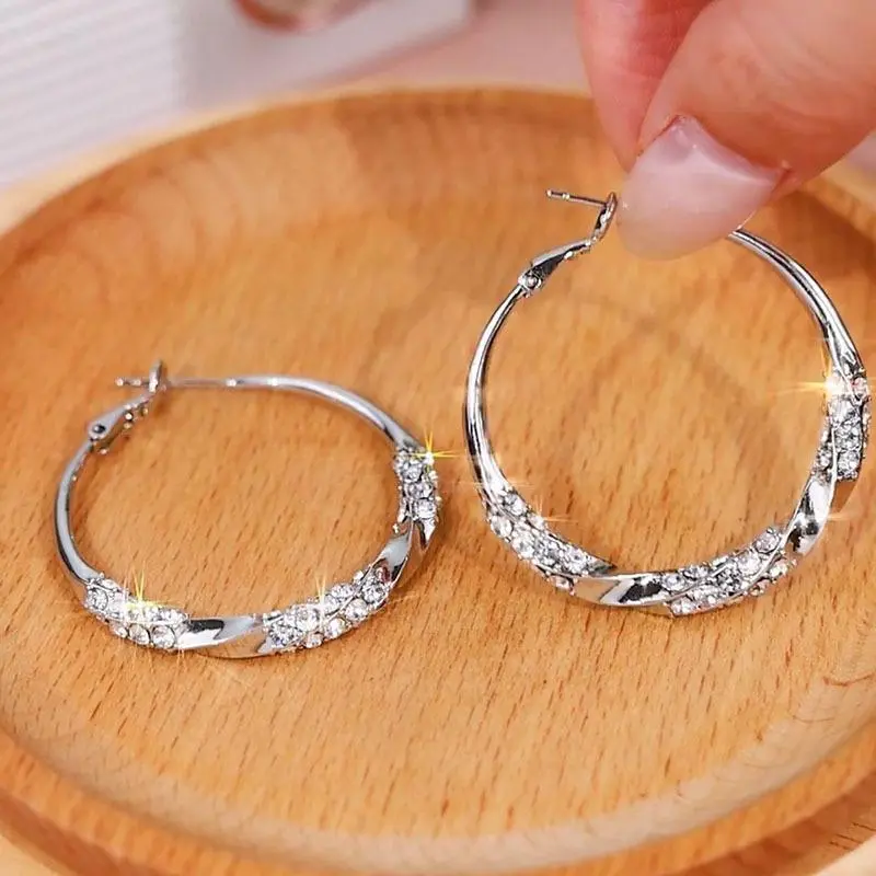 Silver Crystal Large Hoop Earrings Full Sparkle Trendy Design Versatile Chic Jewelry for Her