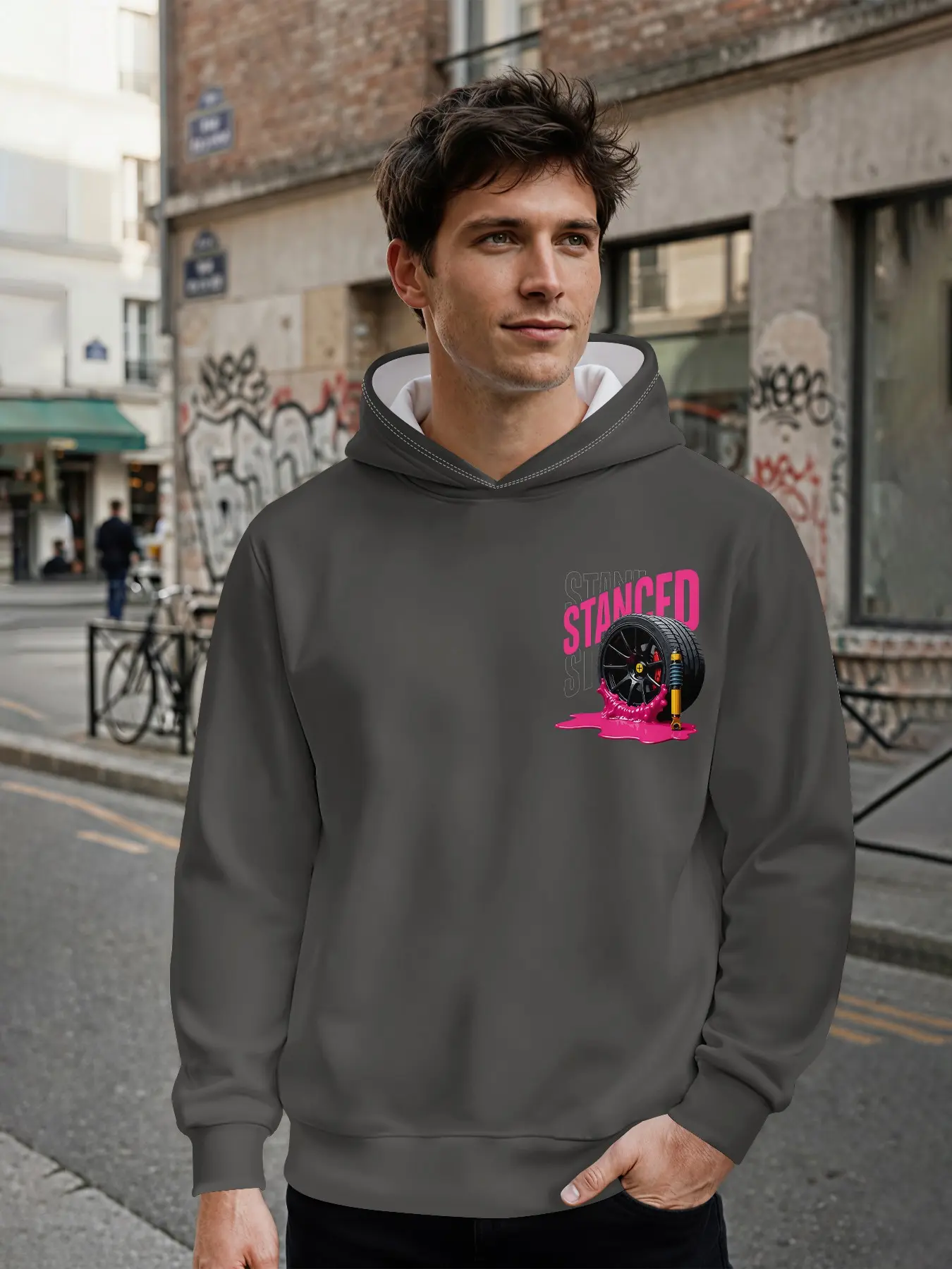 Men's hoodie with 3D digital print of splashed ink lettering on modified tires, all-over printed pattern. It stands out for daily outings and music festival looks, making it an ideal holiday gift for men.