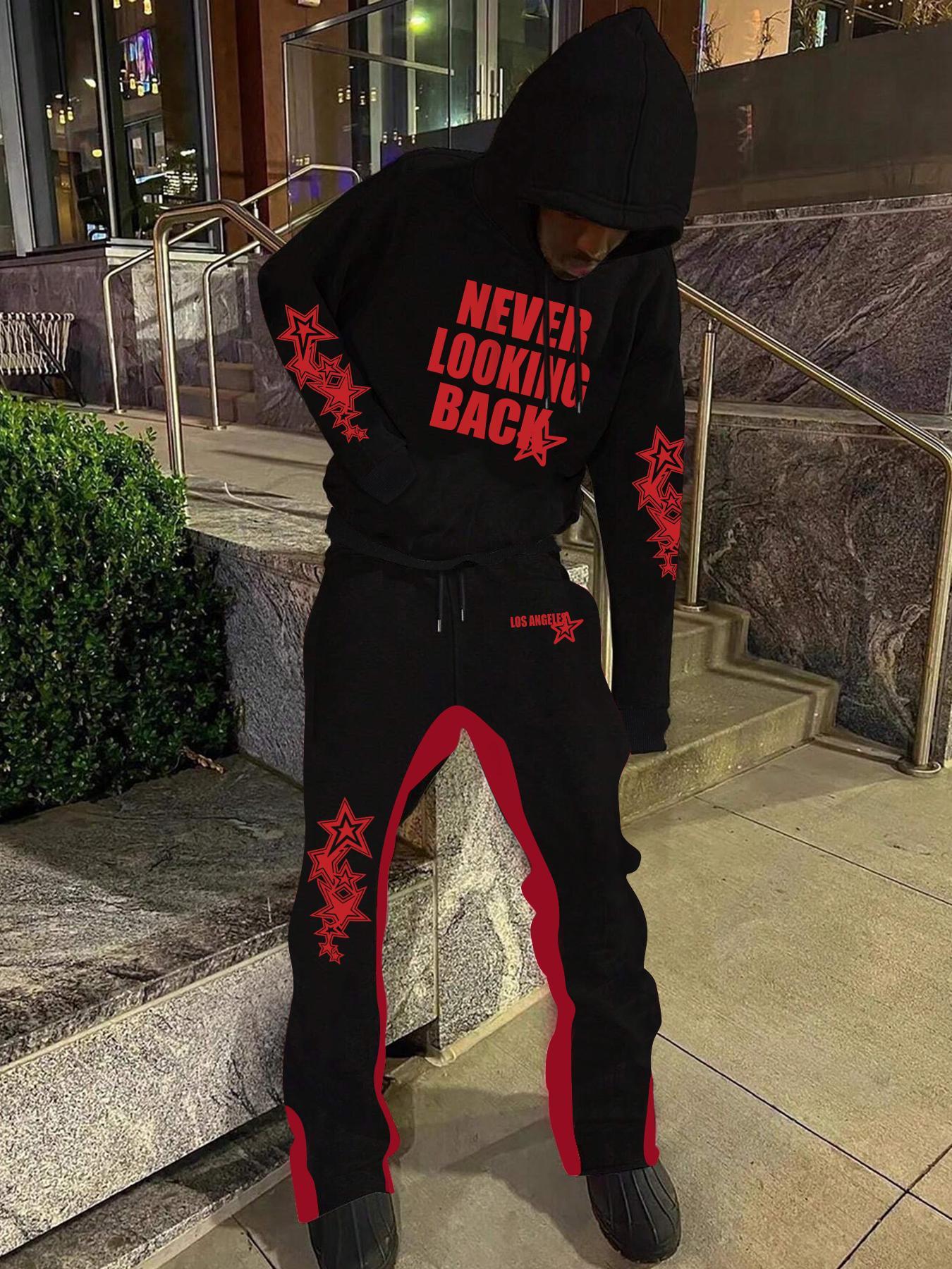 Two-piece Set Men's Fire and  Letter Print Drop Shoulder Hoodie & Elastic Waist Sweatpants, Regular Fit Casual Fashion Cozy Breathable Two Piece Outfits for Daily Workout Running, Men's Clothes for Fall & Winter