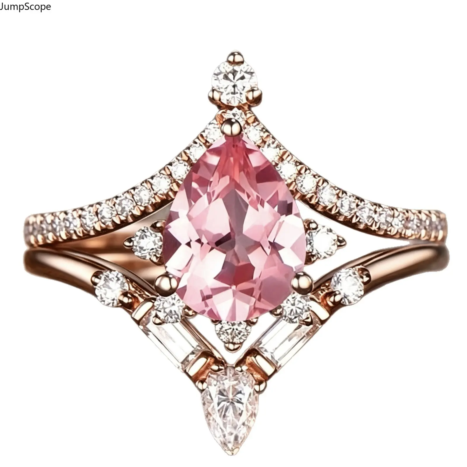 Women's New Rose Gold Crown Shape Split Band Ring - Pear Pink CZ, Multi White Crystal Halo, Romantic Look Engagement Promise Gift for Indoor Leisure Occasions