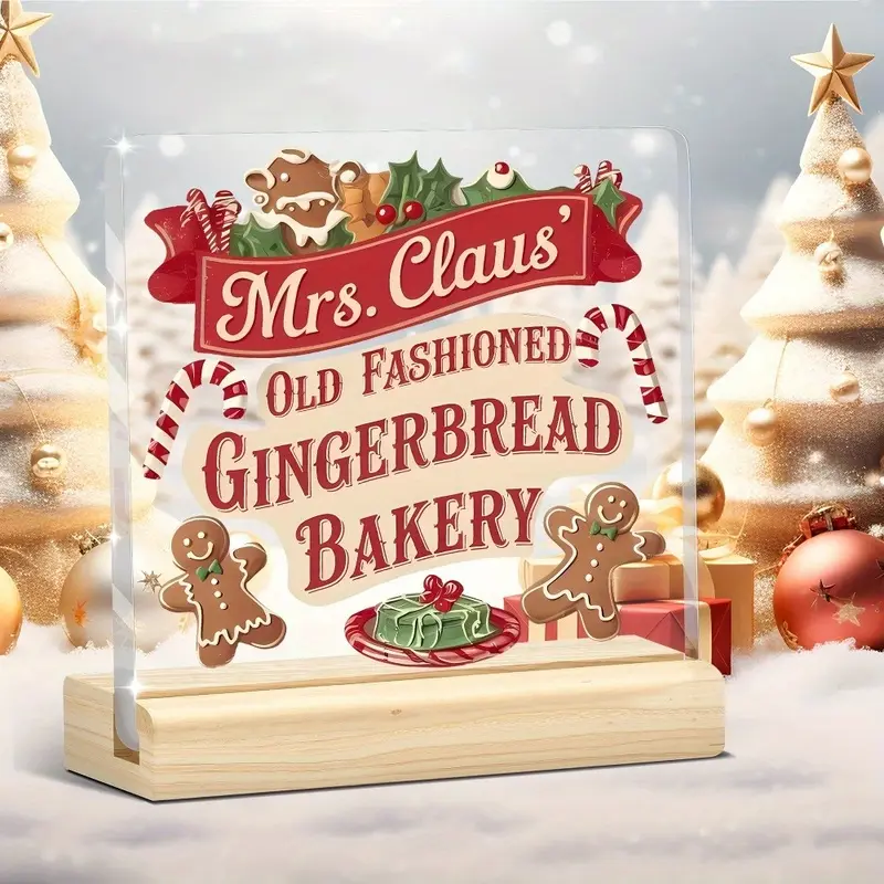 [2D Flat] [2D Flat] 1pc Mrs. Claus Gingerbread Bakery Acrylic Sign, a Vintage Christmas Kitchen Plaque Featuring Candy Cane Details, Perfect for Cozy Farmhouse Holiday Decor in Your Bar Or Dining Table, Suitable for Christmas Decorations