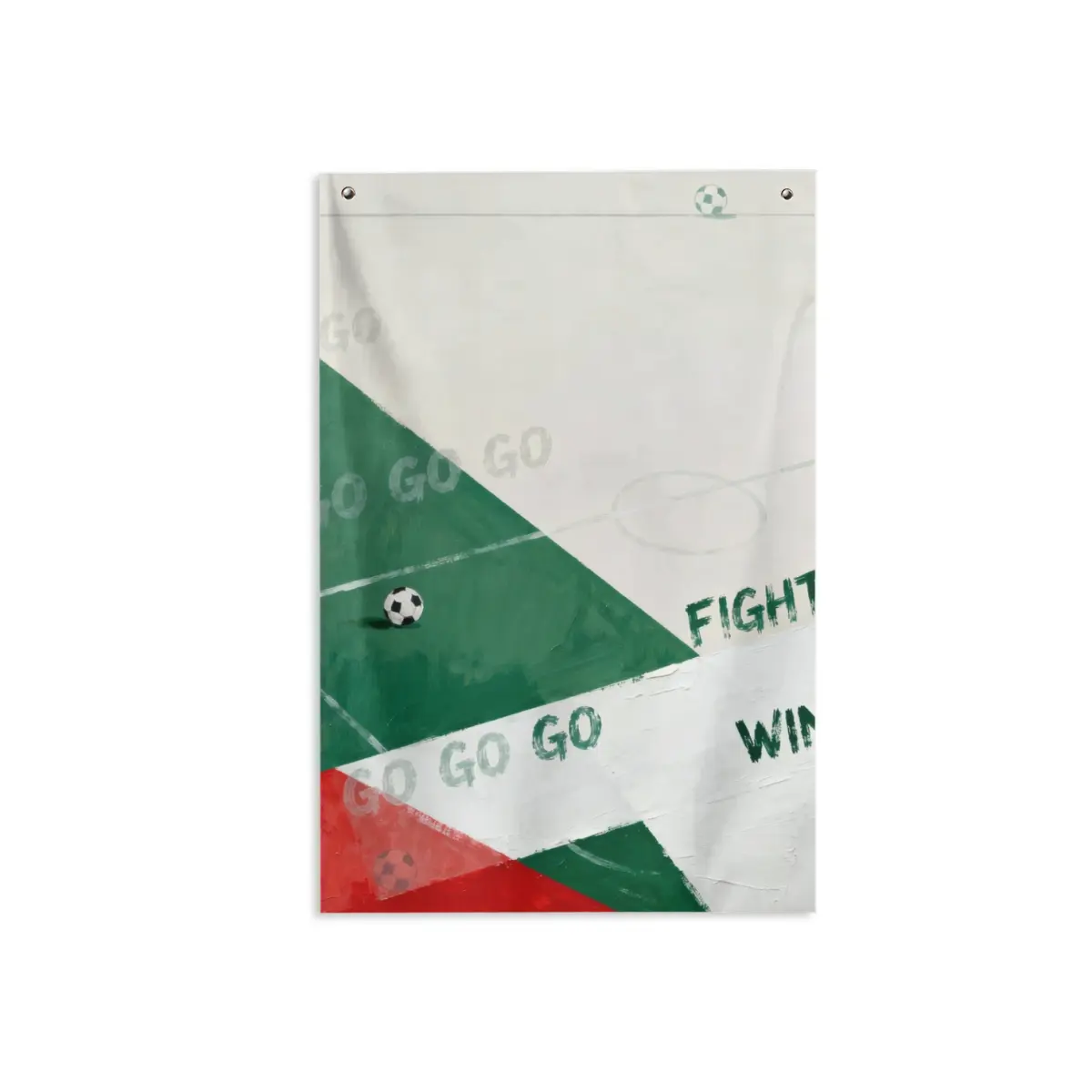 Vintage Thick Paint Texture Red-Emerald Green Diagonal Color Block Sport Fabric Banner, 2x3 ft Light Party Backdrop with Rough Grunge Hand-Lettered "GO GO GO FIGHT WIN", Soccer Ball, Football Field Outline for Football Fashion Watch Parties Wall Decor