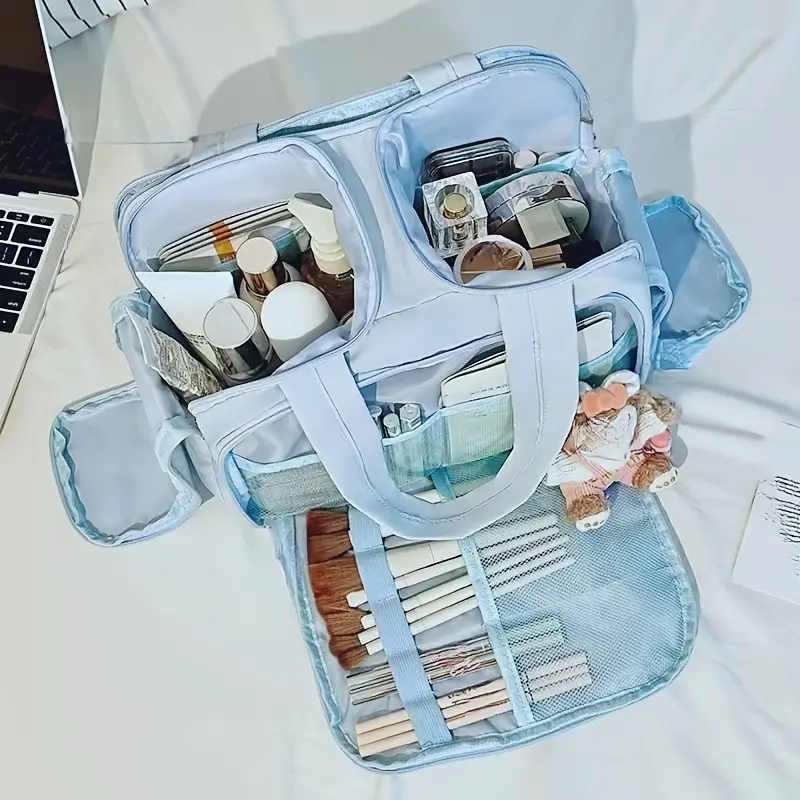 Large Capacity Multi-Compartment Vertical Travel Makeup Bag, Elegant Nylon Hanging Cosmetic Organizer With Portable Carry Handle, Waterproof Wash Toiletry Bag For Daily Skincare Storage & Outdoor Travel Use