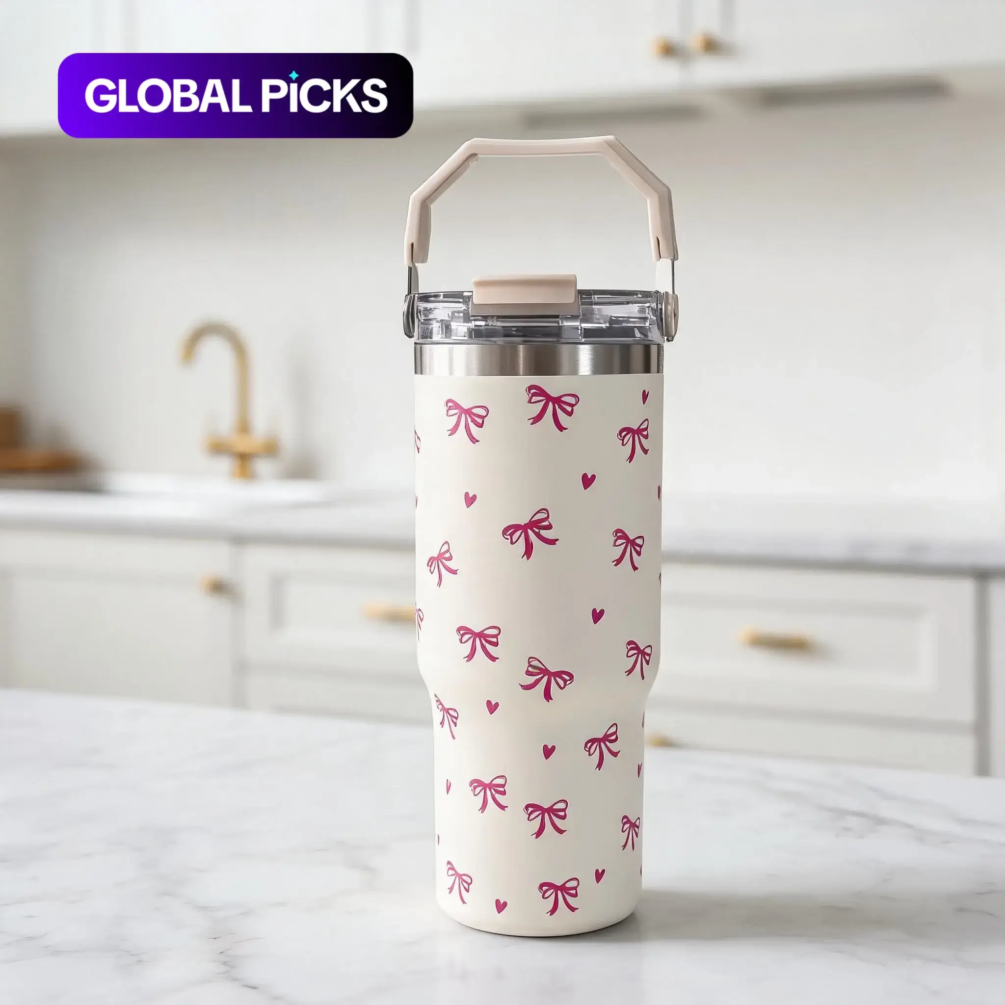 Butterfly & Heart Pattern Insulated Stainless Steel Stylish Tumbler, Insulated Water Cup, Large Capacity Leakproof Water Bottle with Straw and Handle for Home, Office, School, or Outdoor Use #GLOBAL PICKS