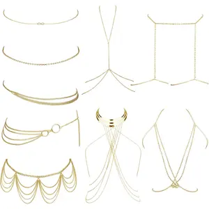 Gold Dipped Body Chain Set for Women, 9-Piece Boho Rhinestone Alloy Jewelry, Adjustable Accessories for Beach & Festivals, Unique Accessories