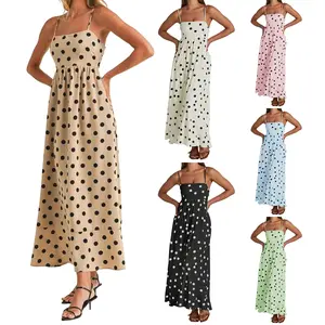 Women's Sleeveless Polyester Summer Dress - Spaghetti Strap, Dot Print, Backless, A-Line, Adjustable, Cutout for Vacation, Birthday Cocktail, Casual Streetwear