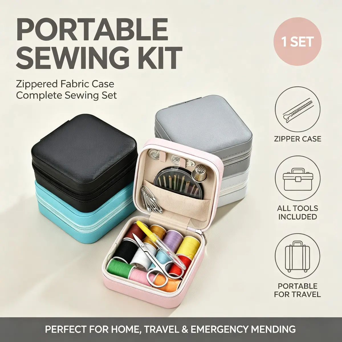Portable Zipper Thread Kit, Complete Sewing Tool Set, DIY Set, Includes Thread, Needles, Pins, Ideal for Travel, Home Use, Emergency Clothing Repairs