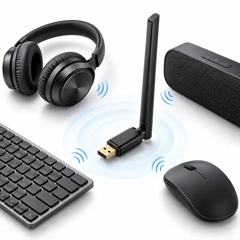 Bluetooth 5.4 USB Adapter with Adjustable External Antenna, USB-A Wireless Bluetooth Dongle for Windows 7/8.1/10/11 PC, Flexible 90 and 180 Positioning for Desktop Computer Setups