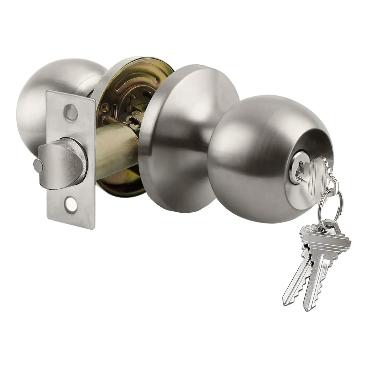 Keyed Entry Door Knob with Lock - Heavy-Duty Satin Nickel Standard Ball Lock Handle Door Hardware, Metal-Plated Silver Chrome for Interior and Exterior Use