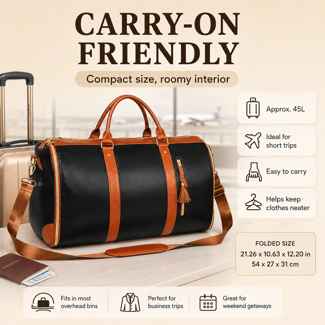 2 in 1 Garment Duffle Bag for Travel, Travel Duffle Bags, Black PU Leather Convertible Carry On Suit Bag with Hanging Garment Compartment, Shoe Pouch & Shoulder Strap, Weekender Overnight Luggage for Men Women, Business Trip, Weekend Getaway