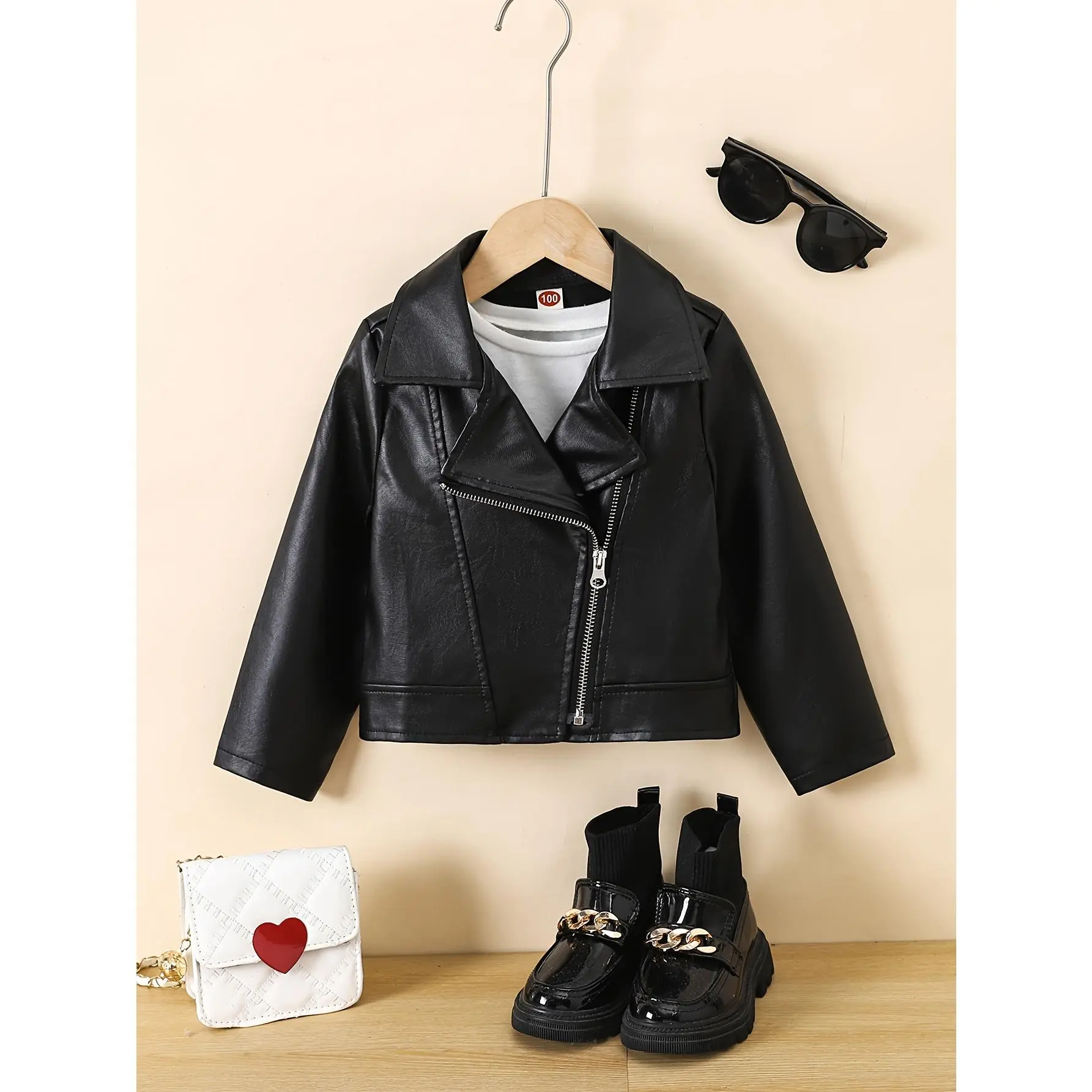 Fashionable Girls' Classic Lapel Notched Zipper Short Unlined Jacket, Versatile Black Jacket for Kids, High-Quality Spring/Autumn Outerwear, a Trendy Choice for Parties and Daily Wear