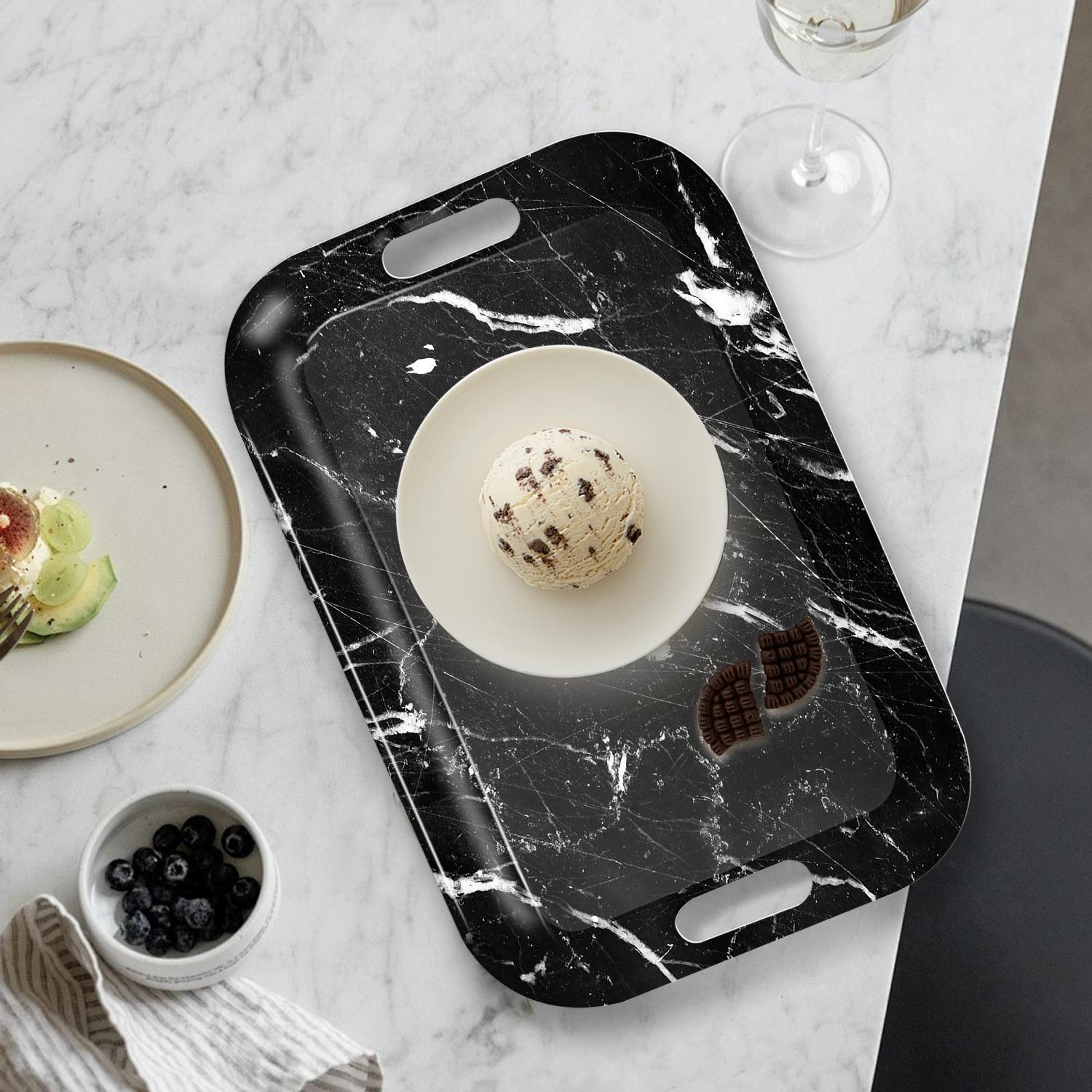 Modern Rectangular Serving Tray - Elegant Black Marble-like pattern, Lightweight & Easy-Clean Surface, Sturdy Melamine Construction for Kitchen, Dining, Office, Party - Decorative Table Tray with Grip, Home Entertaining, Contemporary Design, Highquality