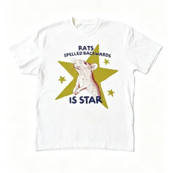 Women's Relaxed Short-Sleeve Soft Cotton Graphic T-Shirt - Retro "Rats Spelled Backwards Is Star" Sketch Print Garment, Comfortable Breathable Fabric, Cute Casual Outfit for Rodent Lovers, Birthday Holiday Gift, Shortsleeve, Tee