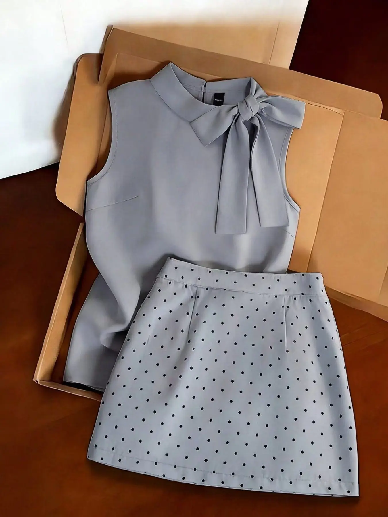 Mature Elegant Minimalist Light Gray Bow Neck Sleeveless Top + Polka Dot A-Line Skirt Set Slim Fit Age-Reducing Commuter Office Wear Casual Outfit Clothes