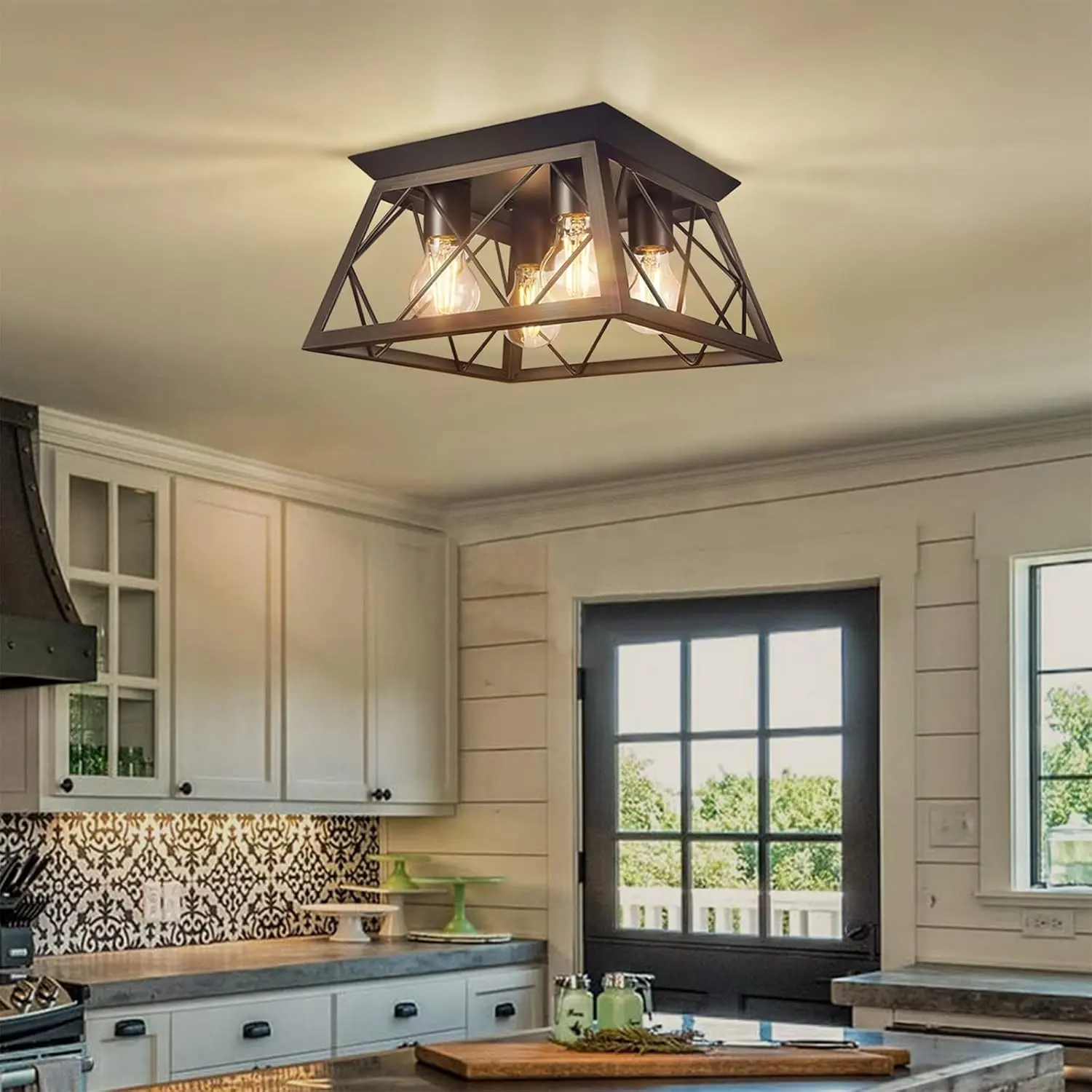 Flush Mount Ceiling Light Fixtures for Kitchen Hallway, 4-Light Close to Ceiling Lighting, Industrial Farmhouse Square Cage Ceiling Lamp for Dining Room, Living Room, Bulb Not Included