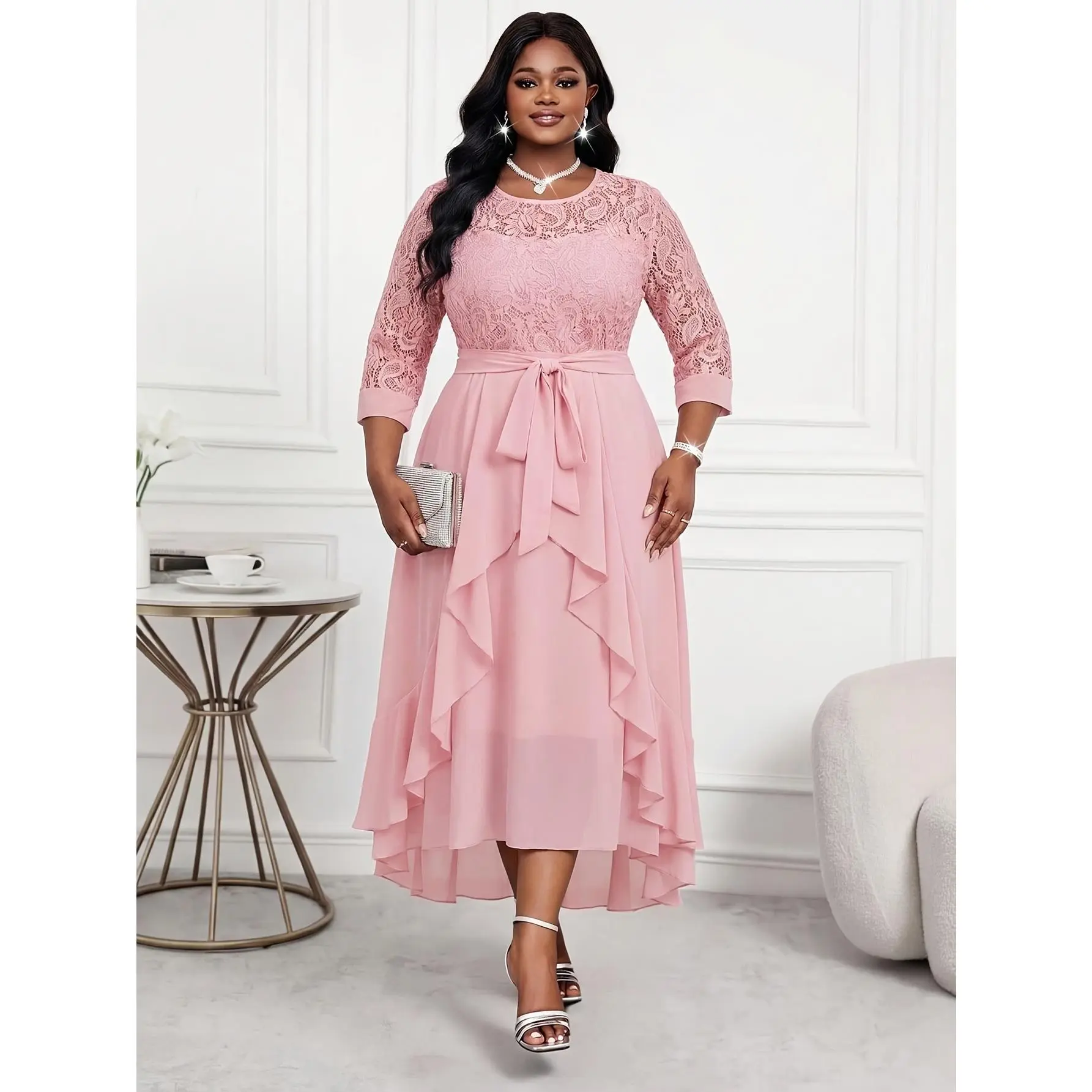 Plus Size - Women'S Plus Size Business Professional Blue Hollow Sleeve Lace Patchwork Ruffled Layered Mid-Length Dress Teacher Dress Teacher Skirt Autumn Dress Lace Dress