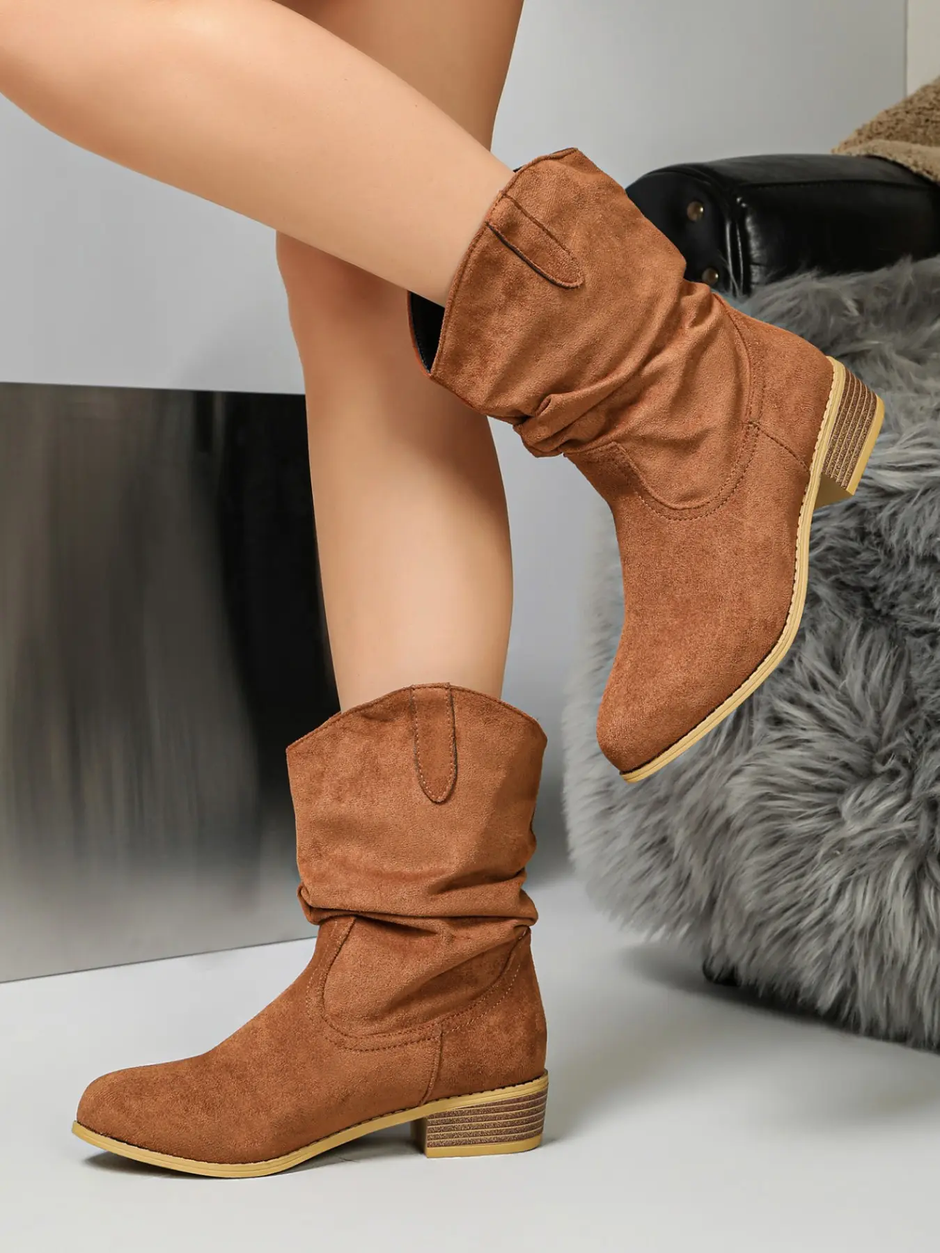 Women's Suede Western Cowboy Boots Pointed Toe Slouchy Mid Calf Block Heel Retro Riding Boots