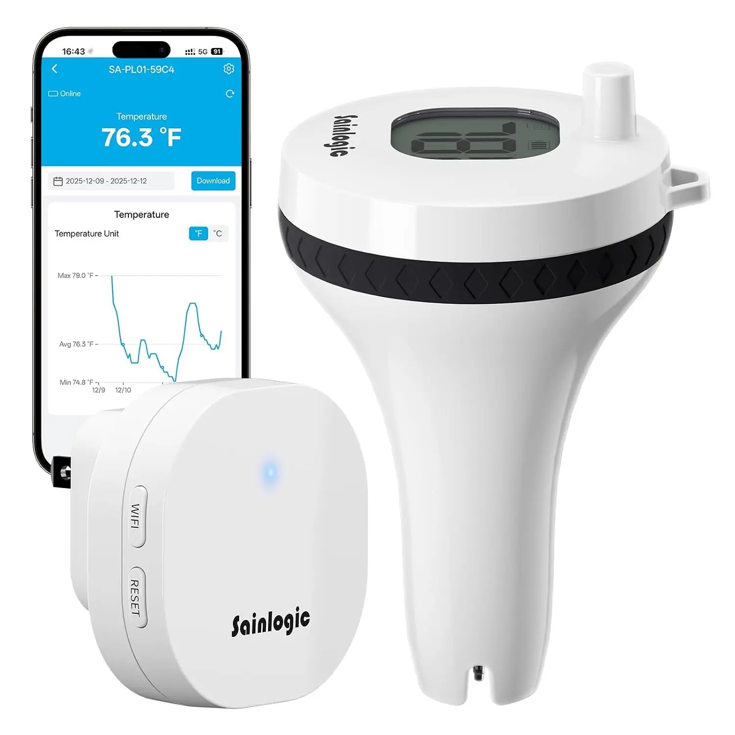 Sainlogic Floating Pool Thermometer, 5GHz/2.4GHz WiFi, IP68 for Hot Tub