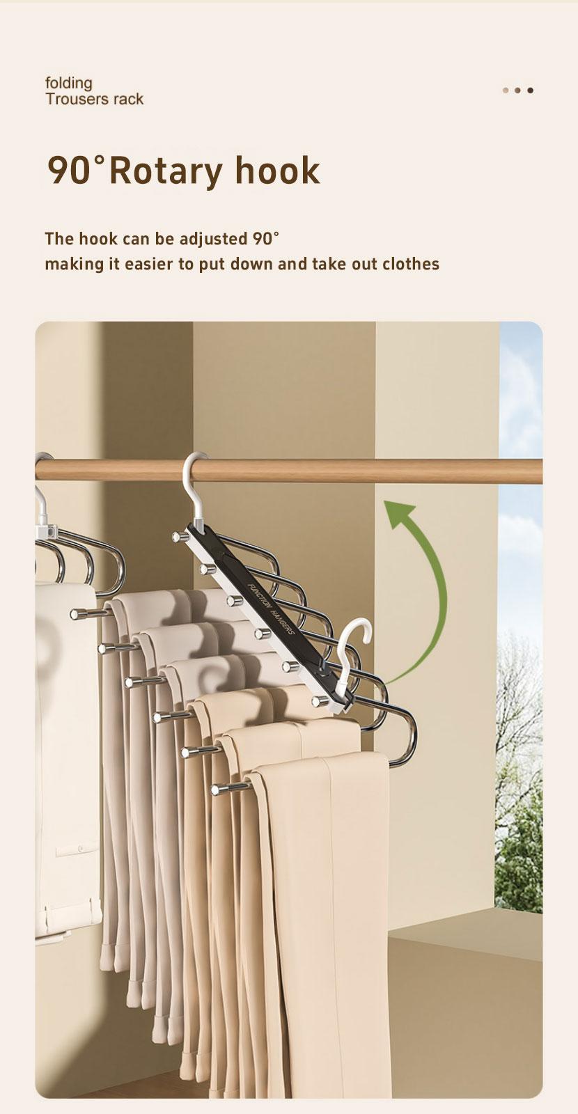 6 Layer Pants Hanger Space Saving Closet Organizer with 65mm Wide Spacing, Anti-Slip Multifunctional Pants Rack for Jeans Trousers Wardrobe