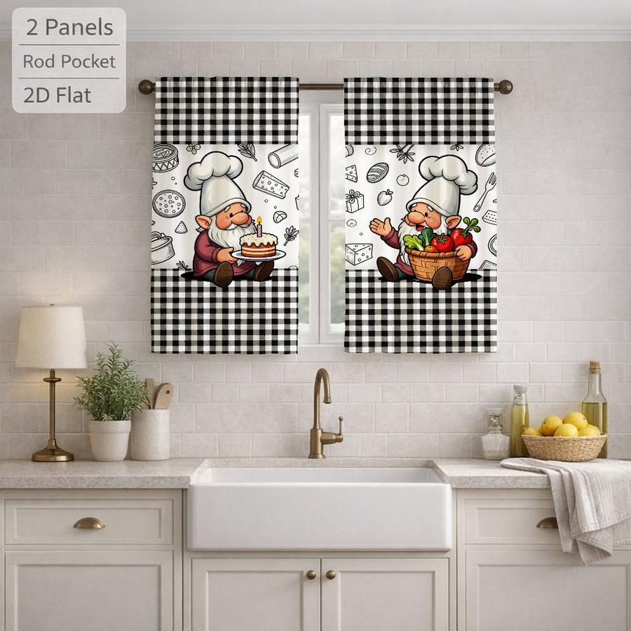 2Pcs Cartoon Style Chef Gnome Gingham Pattern Sun Blocking Curtains Digital Printed Rod Pocket, Window Treatment For Bedroom Office Kitchen Living Room Study Home Decor