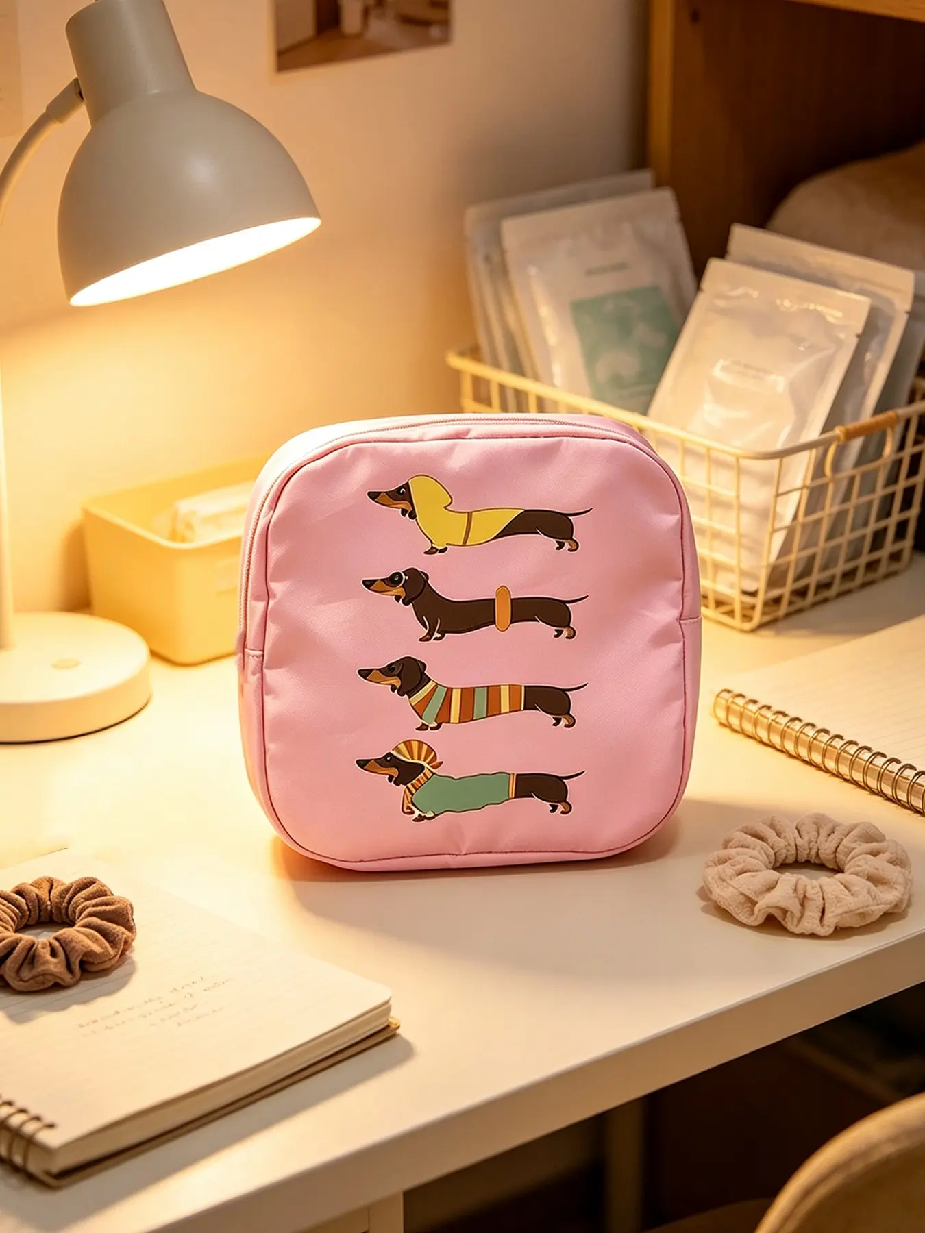Cartoon Weiner Dog Print Portable Square Small Storage Bag, Waterproof Mini Cosmetics Pouch, Travel Makeup Organizer