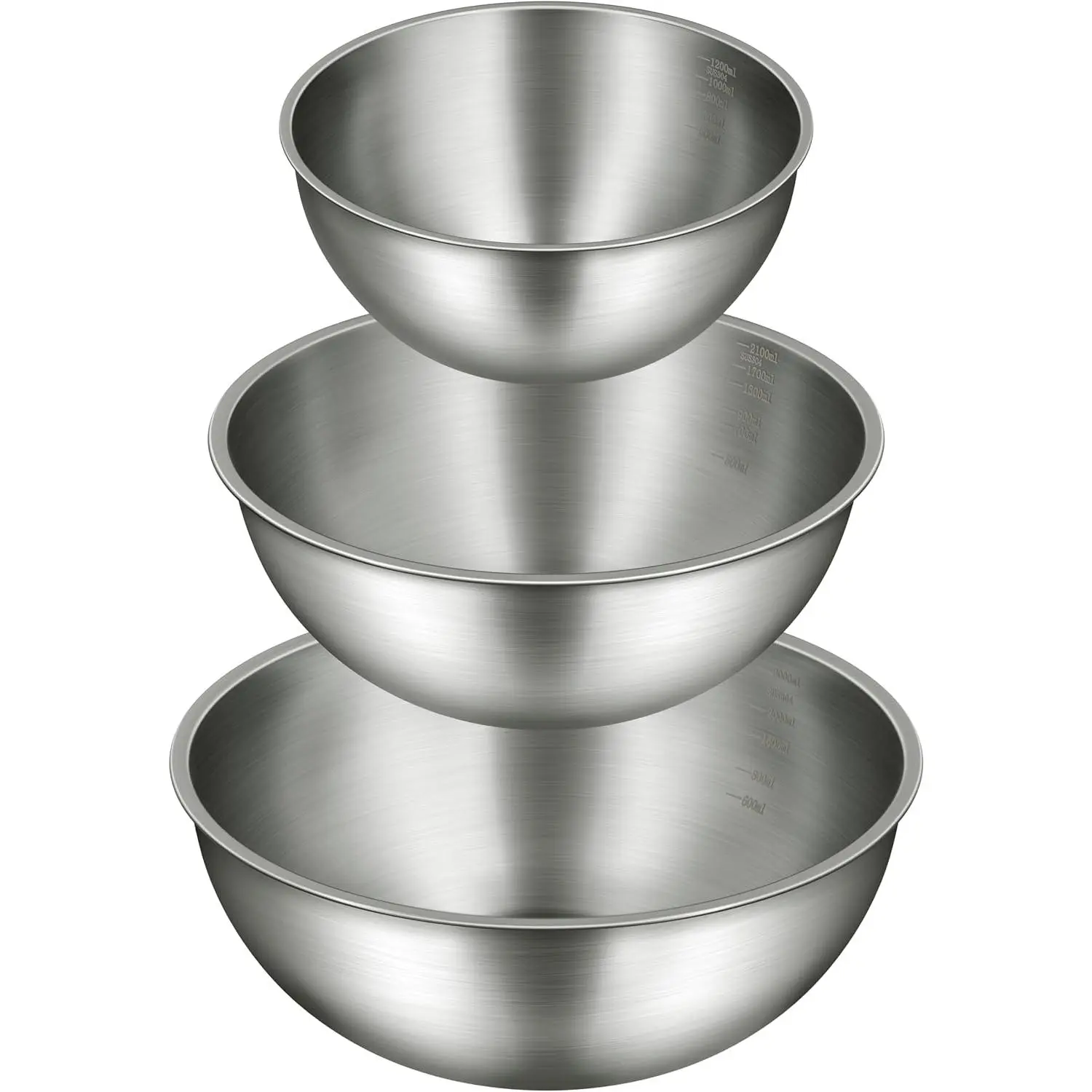 304 Stainless Steel Stackable Nesting Mixing Bowls Set of 3 - 1.5/2.2/3.4 qt Thick-Gauge BPA-Free Metal Bowls, Brushed Interior, Wide Rim, Dishwasher Safe for Baking, Pet Kitchen Prep