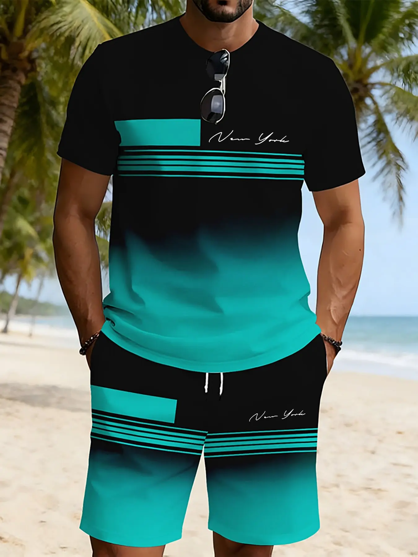 Men's Casual Loose Breathable Beach Wear Short Sleeve Tee and Shorts Set, Fashion Print Striped Design, Summer Vacation Homewear, Multiple Colors