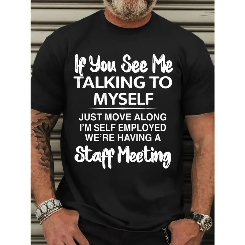 Men's Plus-Size Short-Sleeve Graphic Print "If You See Me Talking to Myself" Sports T-Shirt for Summer, Outdoor Activities