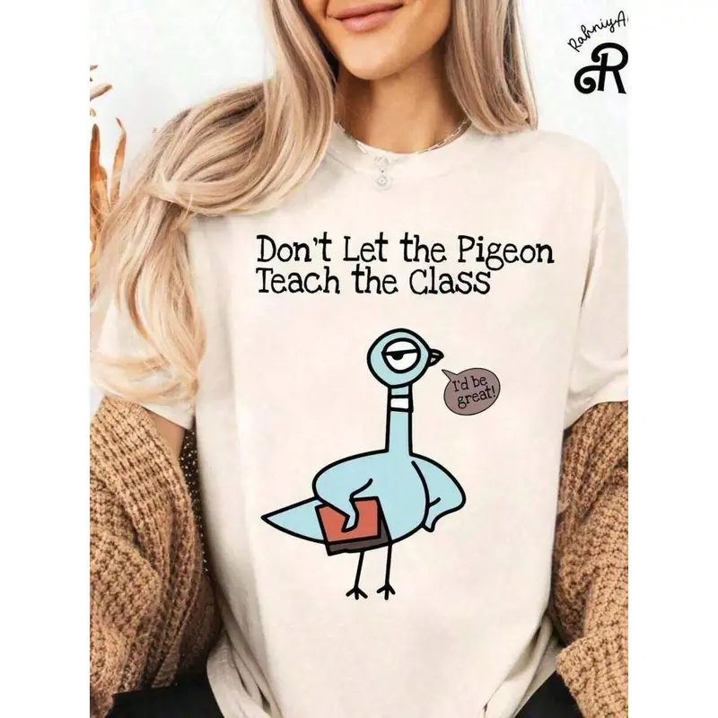 Women's Casual Cotton Sports Top - Funny Pigeon Themed, Short-Sleeve, Round Neck, Machine Washable, White Tee, Ideal for Gifting to Kindergarten Teachers