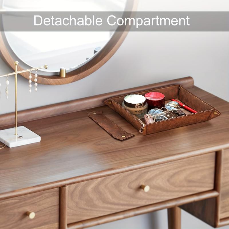 Vintage-Style Brown PU Leather Durable Valet Tray Organizer et90173 - Multifunctional Tabletop Storage with 2 Compartments, Snap Corners, Water-Resistant, Scratch-Proof for Jewelry, Keys, Wallet - Ideal Gift for Men, Desktop Storage