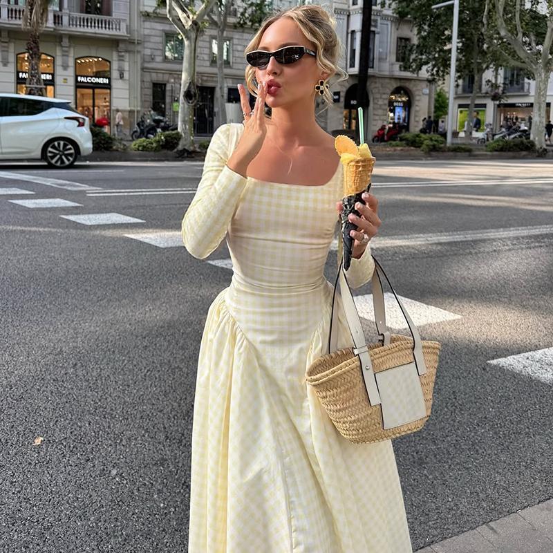 Plaid Print Square Neck Long Sleeve A-Line Midi Dress with Pleated Waist Women's 2025 Fall New Casual Elegant Dress Party Night Club Dating Holiday Vacation Outfit Dress