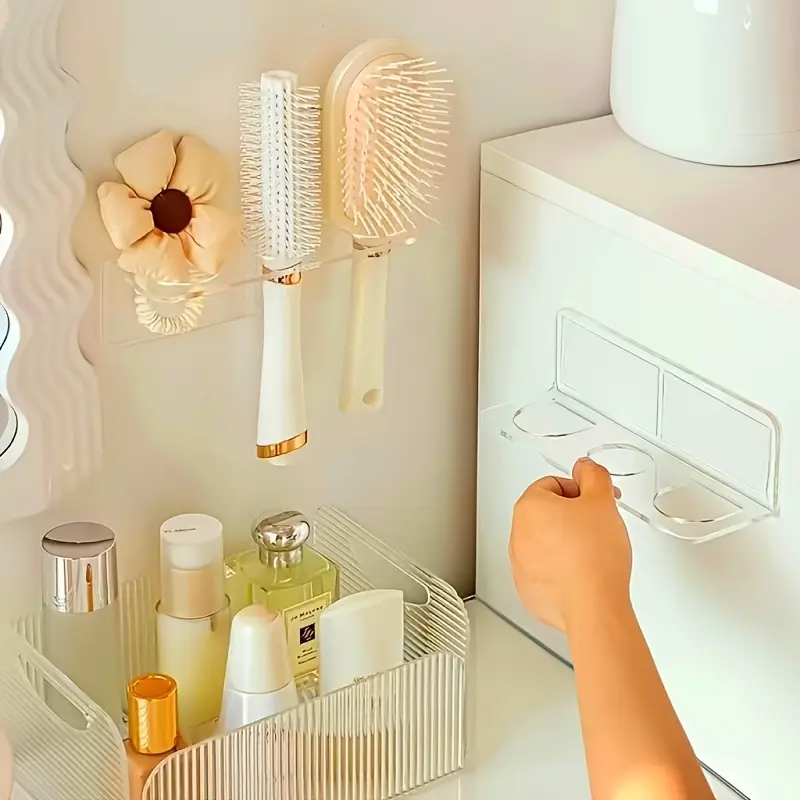 1 piece of 2-hole/3-hole acrylic bathroom shelf, hair dryer and comb shelf, hair tool storage container, wall-mounted comb shelf storage container, shelf for storing 2 or 3 combs, transparent fashionable shelf, bathroom accessories, bathroom supplies