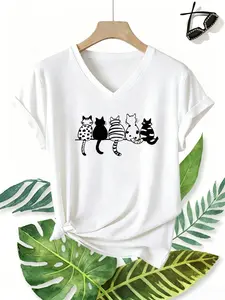 Cat Back Print Women's Short Sleeve V-Neck T-Shirt, Casual All-Season Top, Comfortable Breathable, Perfect for Home and Outdoors