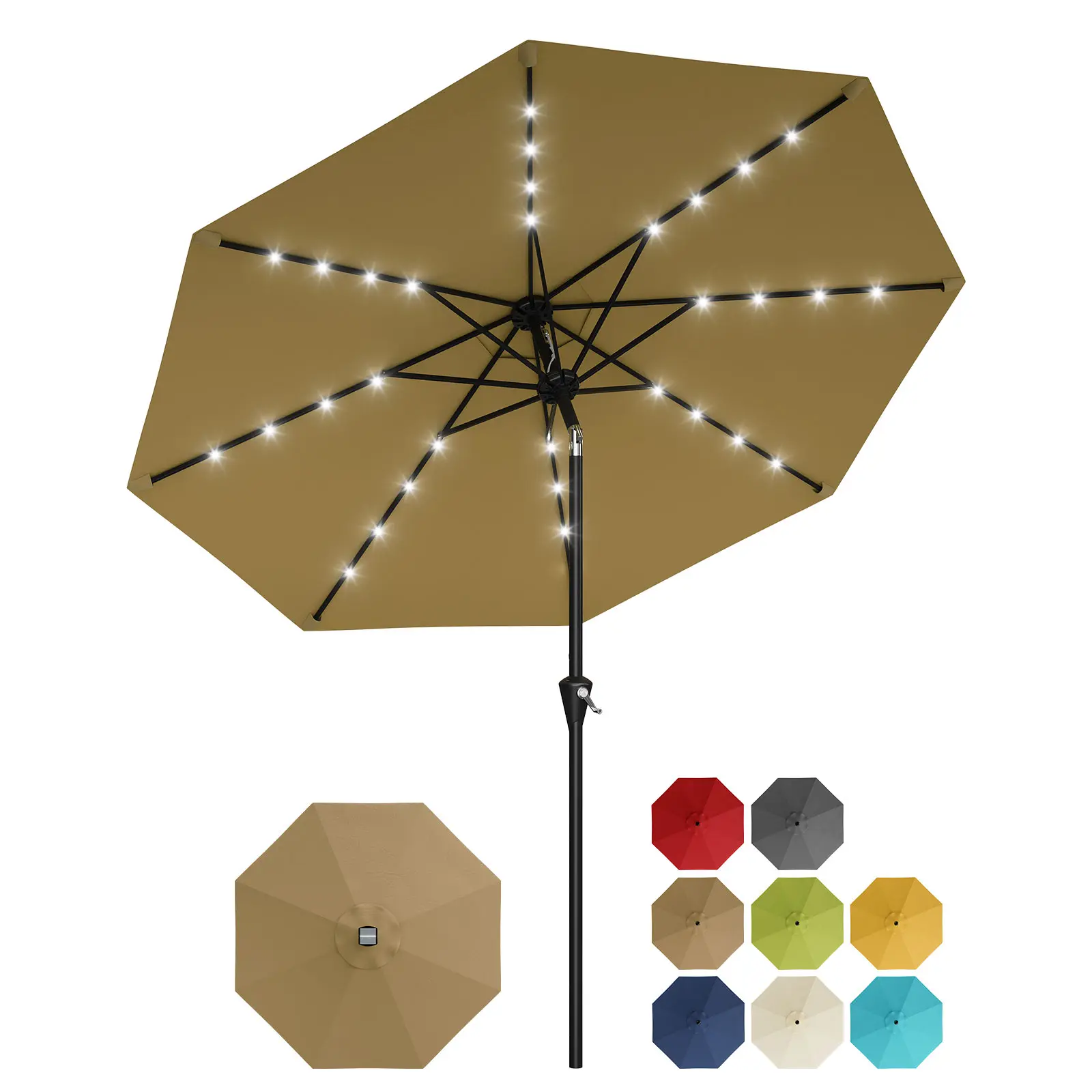 9FT Solar LED Outdoor Market Patio Umbrella, 8 Reinforced Sturdy Ribs, 30° Dual Tilt & Easy Crank Operation, Perfect Sun Parasol for Garden, Balcony and Terrace