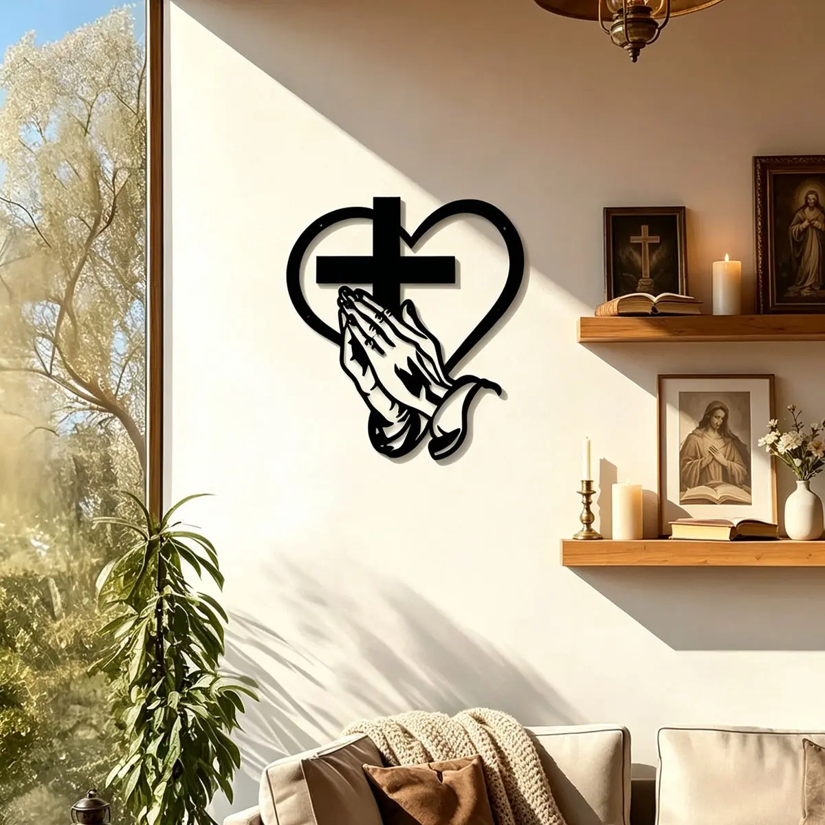 Elegant Metal Christian Religious Heart & Cross Wall Art, 15.74 Inch Praying Hands Design, Indoor Outdoor Iron Sculpture Decor for Living Room Garden Office Farmhouse Prayer Hands