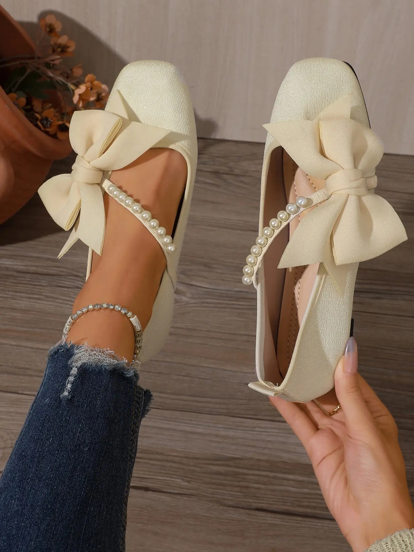 Simple Square Toe Mary Jane Shoes, French Style Soft Fairy Flat Shoes, Bow Pearl Slip-On Women's Shoes, Casual All-Season Footwear