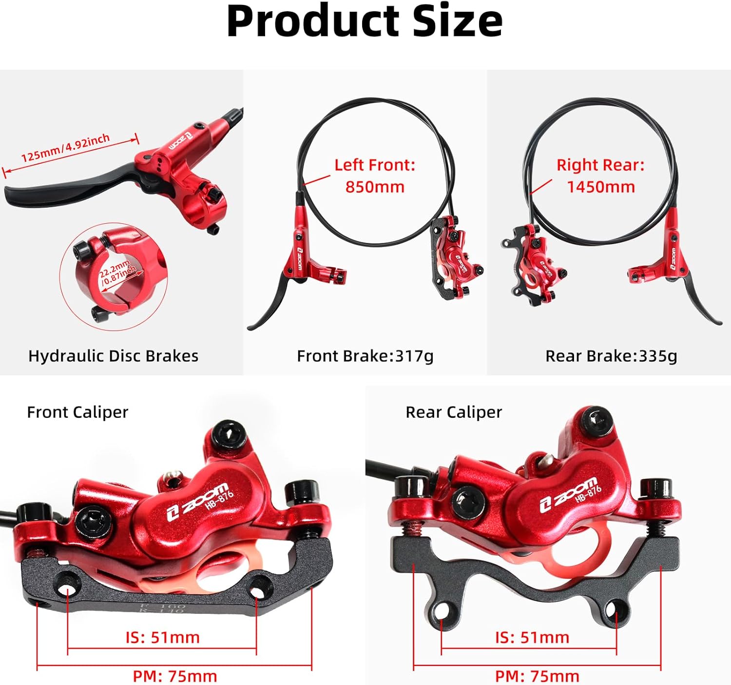 Z00M HB876 4-Pistons Hydraulic Disc  Set, MTB Hydraulic Brakes Left Front 850mm Right Rear 1450mm Bicycle Hydraulic  Kit for eBike, Mountain , Road ,  (Pre-Bled)