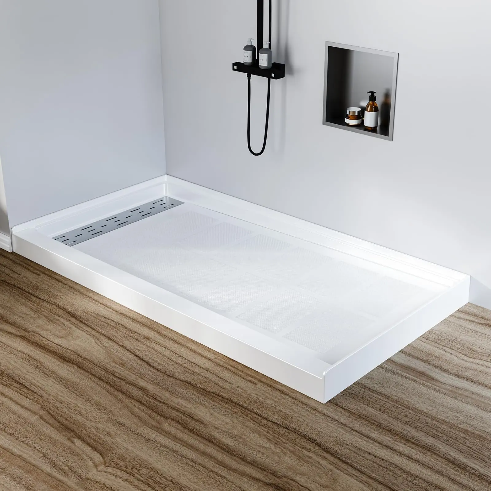 Single Threshold Shower Pan Base with Linear Drain - Modern Low Profile SMC Shower Base with 304 Stainless Steel Cover for 3-Wall Alcove Bathroom