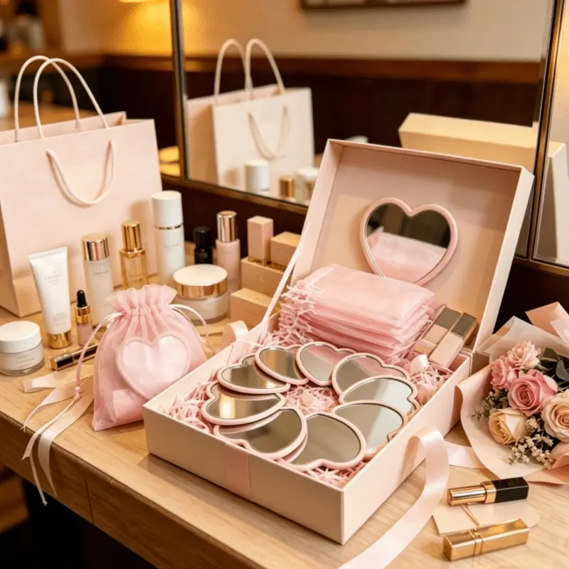 30 Pieces Heart Shaped Pocket Mirror Kit, 15 Small Portable Cosmetic Mirrors + 15 Pink Organza Storage Bags, Lovely Pink Edge Hand Mirror for Wedding Guest Gifts, Bachelorette Party Favors, Teen Girls Daily Makeup Travel Accessory