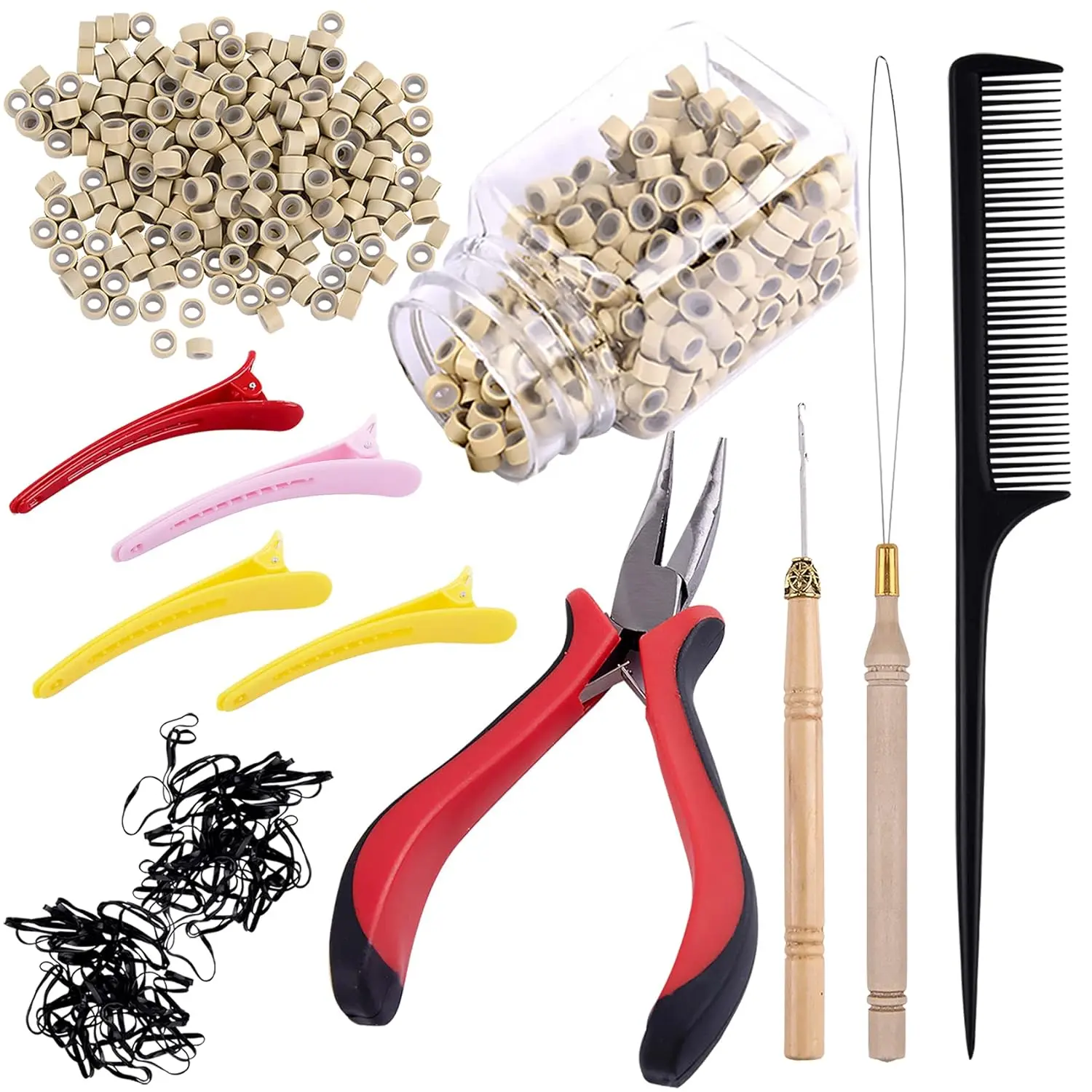 Hair Extension Tool 500 Pcs Blonde Hair Extension Beads With Tools |   Silicone Lined Micro Beads Hair Extension Plier Hook Needle Pulling Loop Plastic Alligator Hair Clips Comb Black Hair Elastic
