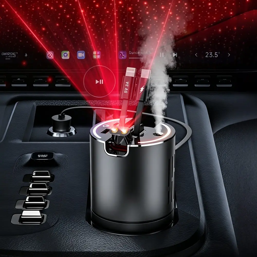 Two-In-One Car Charger with Smart Diffuser, USB Fast Charging Lighter, Supports Lighting, Charging, Cup Holder Odor Eliminator