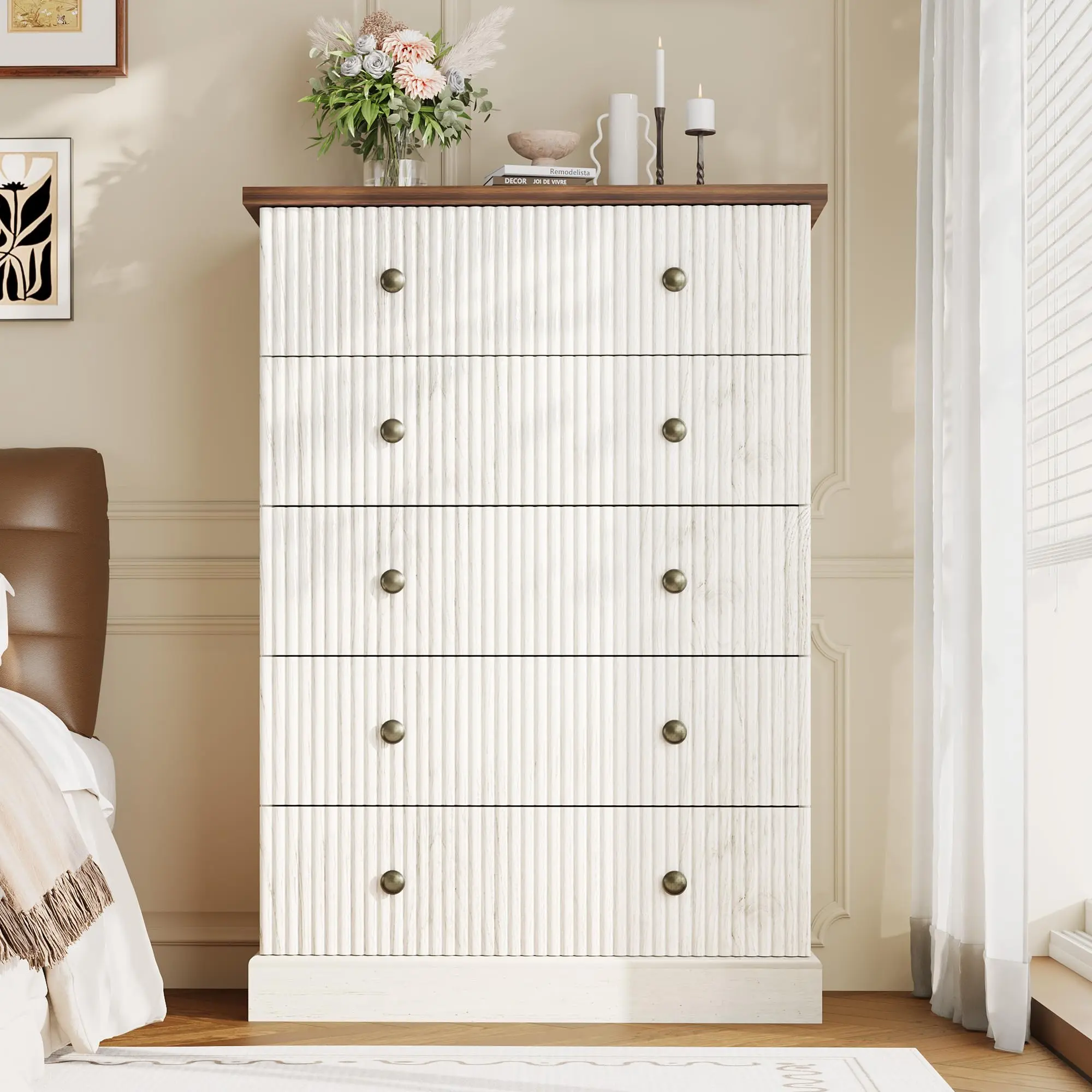 Garvee 5 Drawer Dresser for Bedroom, Tall Vertical Chest of Drawers, Fluted Wood Dresser for Clothing Storage in Small Spaces, White & Natural