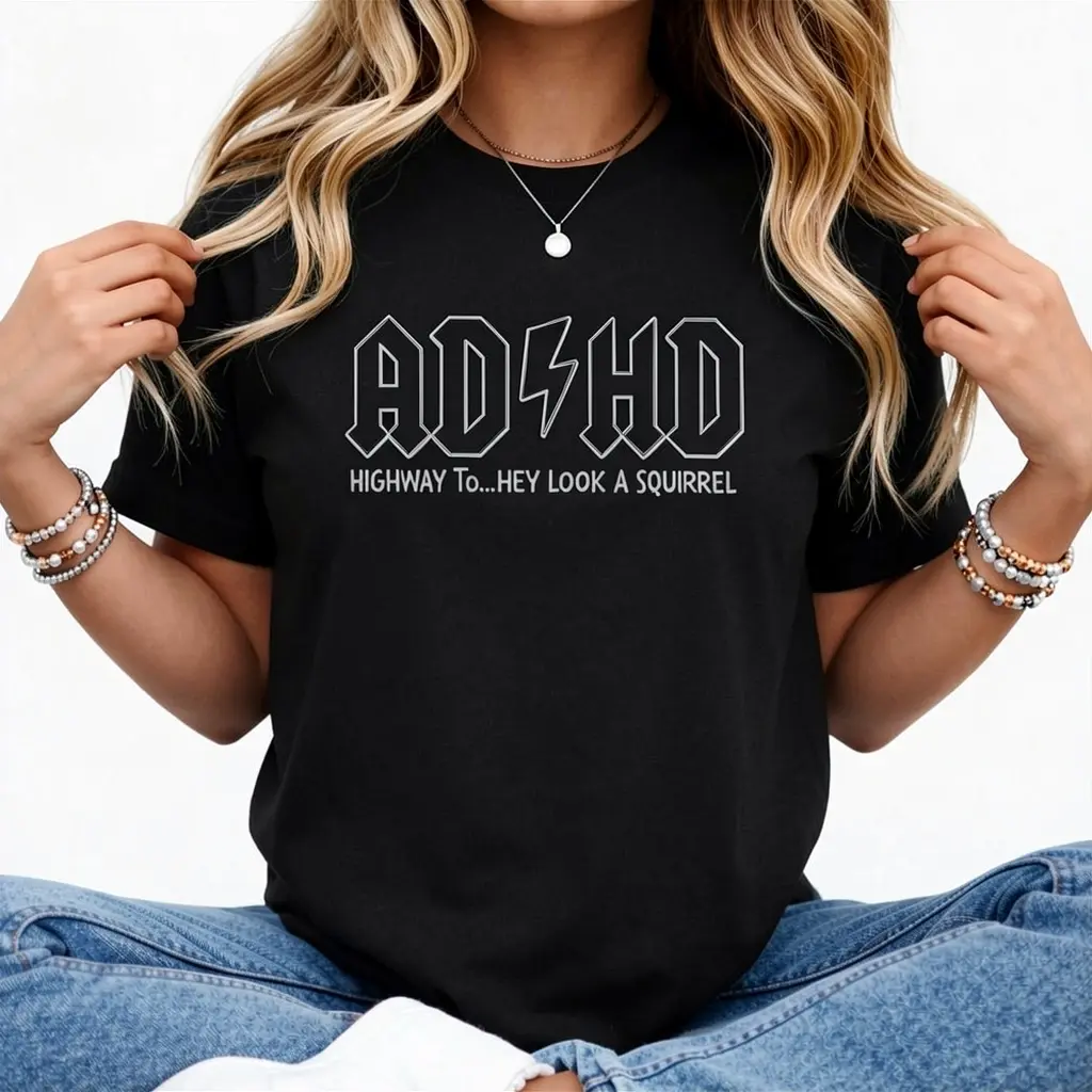 ADHD Shirts Mental Health T-Shirt Funny Saying Graphic Tees ADHD Awareness Tshirt Gifts for Friend Highway To Hey Look a Squirrel Shirt Graphic Tees Sleeve Top Y2K Streetwear Retro Black Casual Fitted Fashion Summer Wear Crewneck