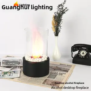 Desktop Glass Alcohol Fireplace Lamp Indoor Real Fire Basin Round Bar Ambiance Light Portable Ethanol Fireplace Heater Decorative Holiday Light