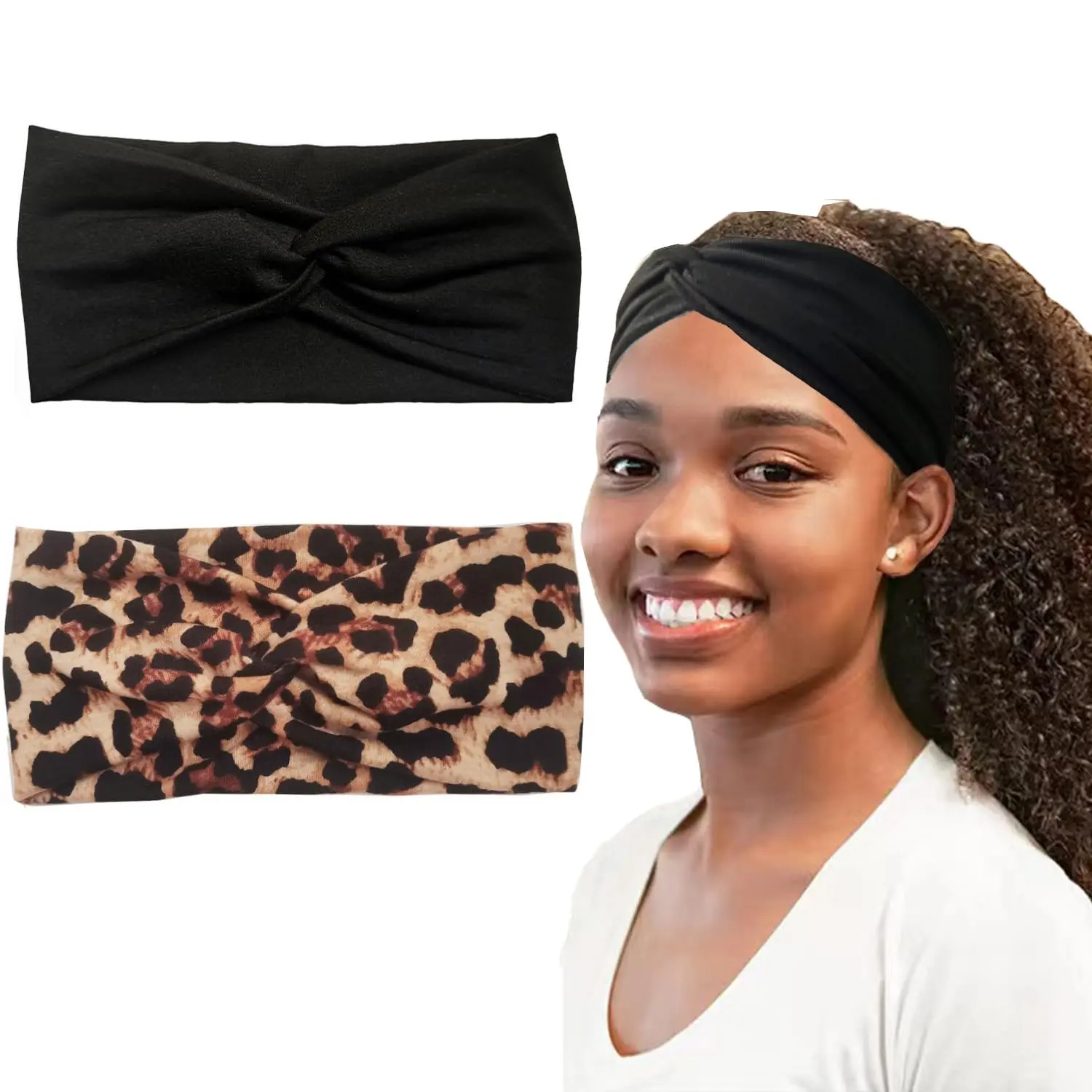 2 count Turban Headbands for Women Boho Stretchy Fashion Headbands Fabric Twist Knotted Cloth Cute Thick Headband  Wraps for Womens Girls Black Leopard