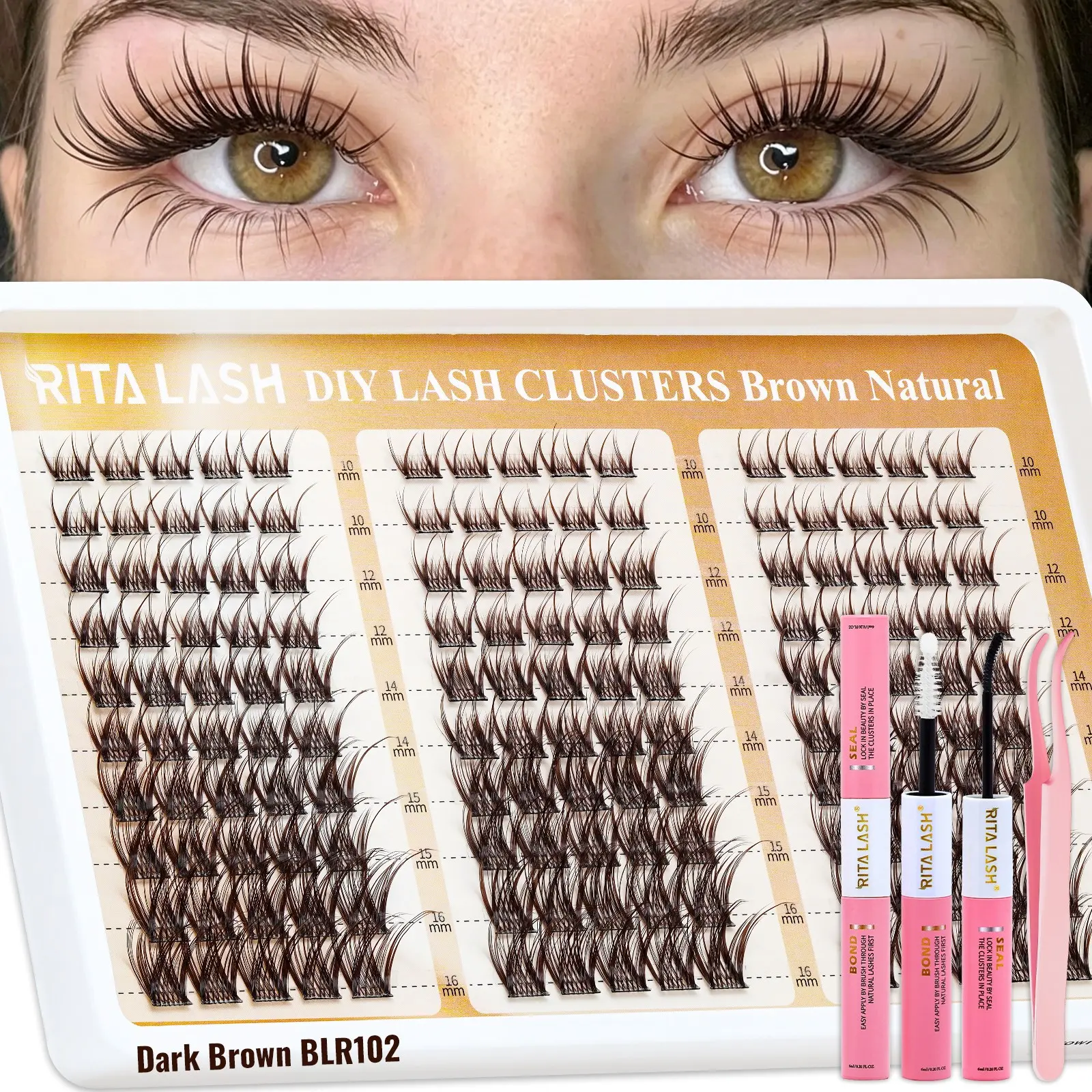 RITALASH 150PCS BLR102 Kit Dark Brown Lash Clusters, Natural Wispy Eyelash Clusters DIY False Eyelashes D Curly Lashes Cluster 10-16mm Cluster Eyelash Extensions Individual Lashes Kit with Bond&Seal and Tweezers for DIY