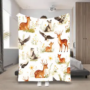 Warm Forest Partner Blanket |   Soft Rice Brown Color With Forest Animal Pattern Including Deer, Fox, Rabbit, Hedgehog, And Squirrel |   Four Seasons Universal Bedding, Sofa Blanket, Camping Travel Blanket |   Machine Washable, Country Style Bedspread