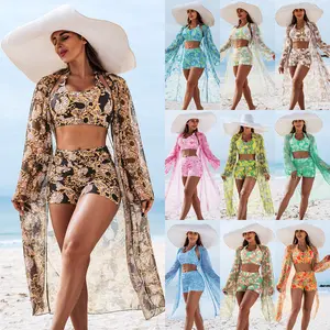 New high-end European and American fashion sexy women's three-piece bikini multi-color printed women's swimsuit