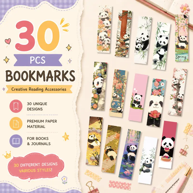 30PCS Cute Panda Aesthetic Bookmarks for Reading, Creative Page Markers for Books, Students, Office Supplies and Gift Decoration
